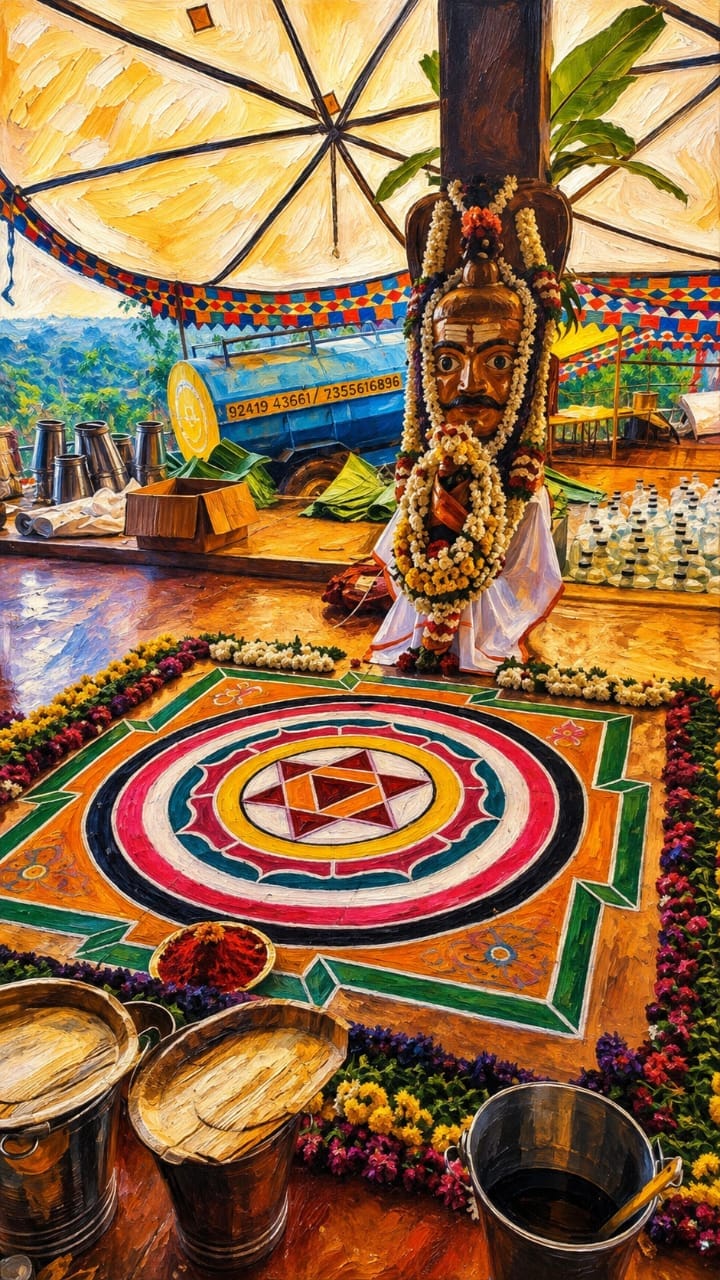 Vibrant traditional floral Rangoli of Lord Sri Krishna