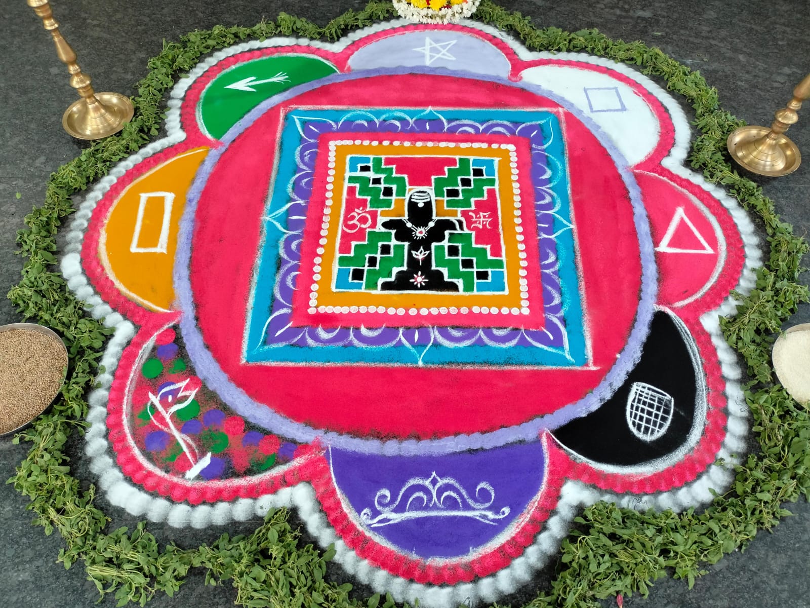 Grand sacred Vedic mandala rangoli with Shiva Linga and geometric yantras