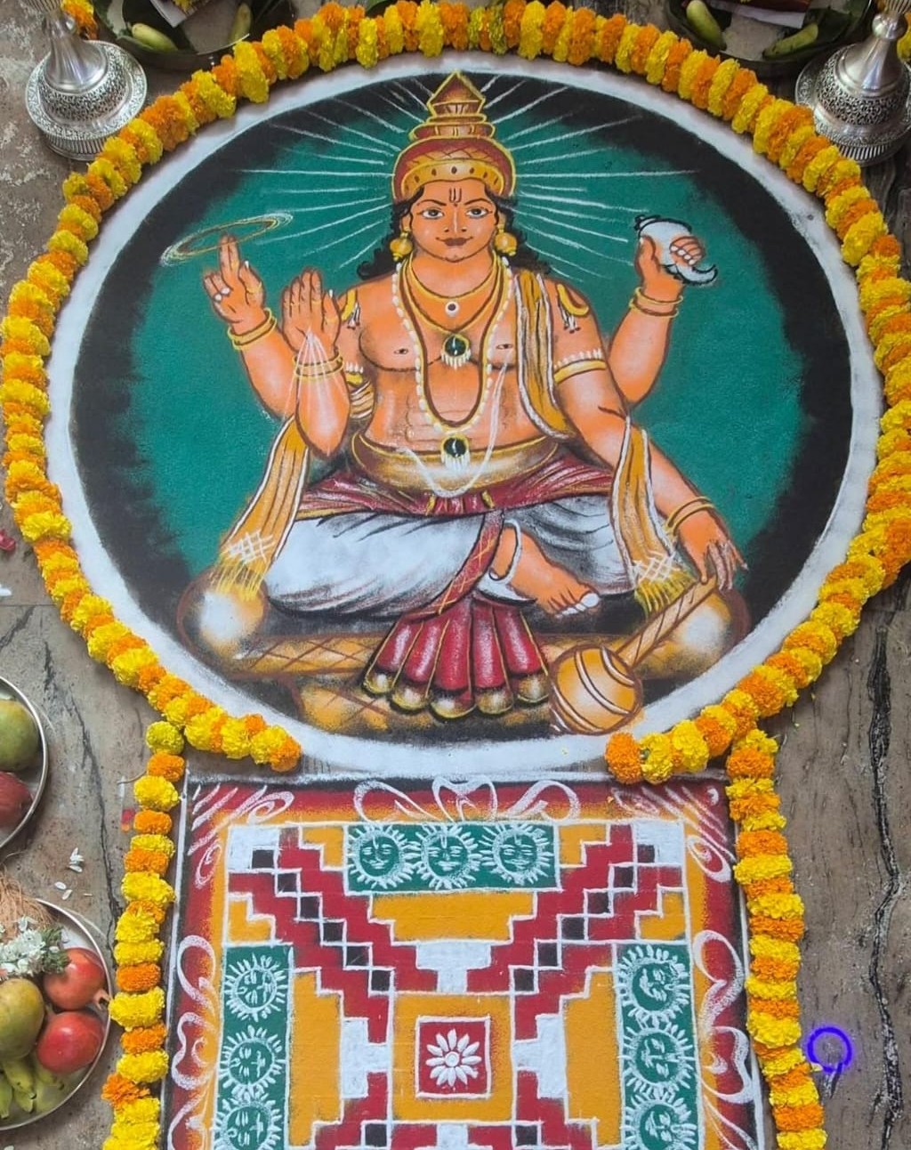Sacred hand-drawn Rangoli artwork of Lord Maha Vishnu with Shankha and Chakra over geometric Vedic mandala yantra