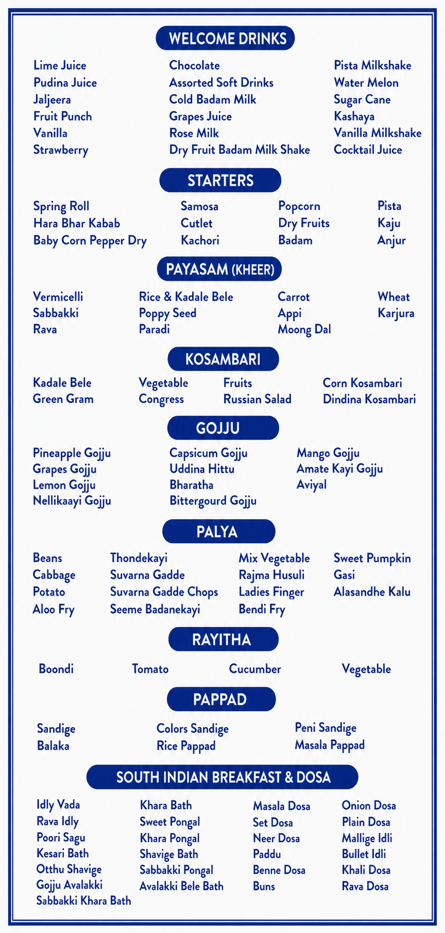 Shrungagiri Caterers Menu Page 1 - Traditional Sweets, Welcome Drinks and Starters