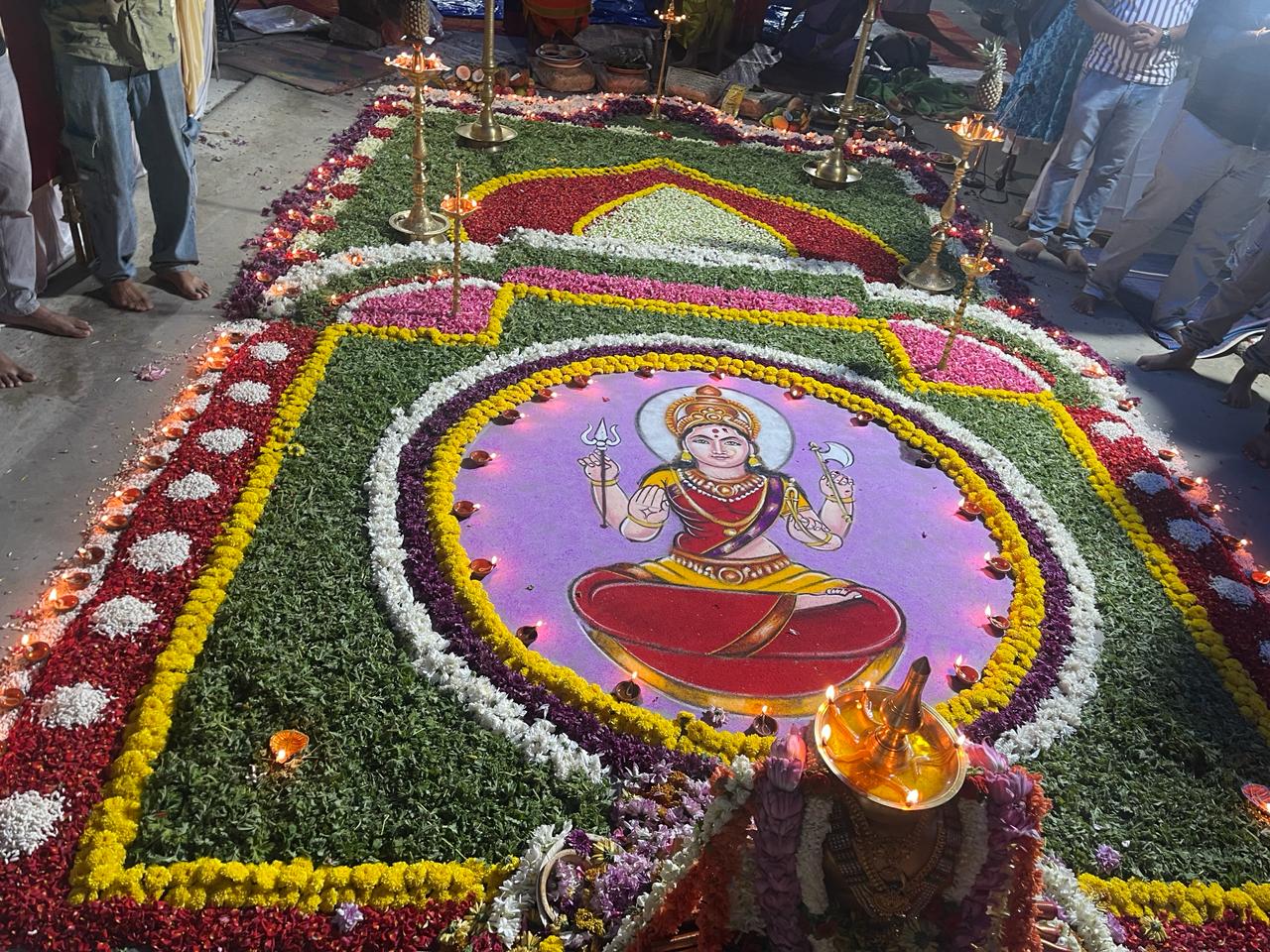 Intricate devotional Rangoli artwork of Goddess Saraswati