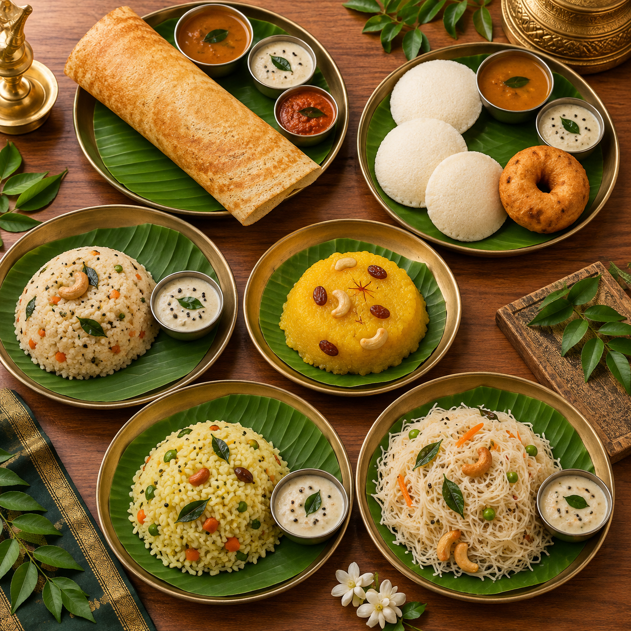 Authentic South Indian traditional breakfast spread with idli, vada and chutney
