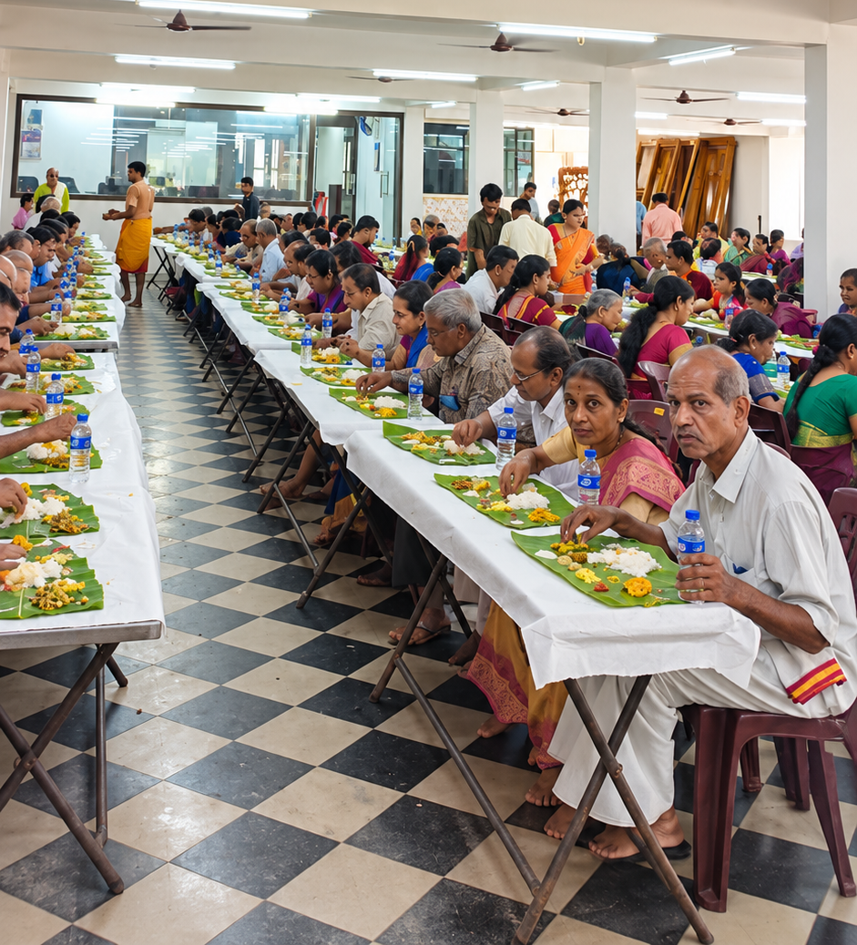 Devoted Shrungagiri catering staff serving fresh hot dishes at wedding feast