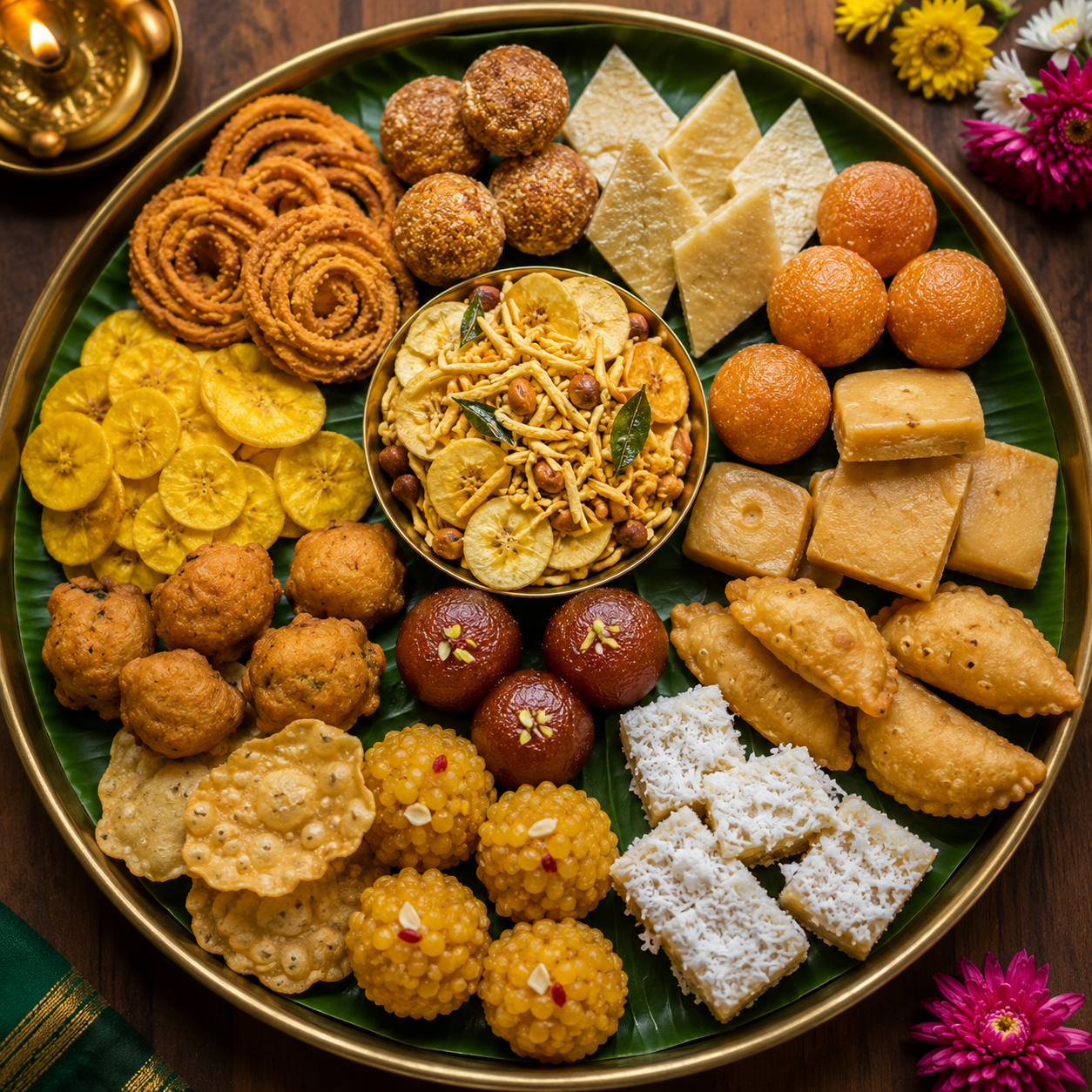 Assorted traditional sweets, Mysore Pak, Holige, and savory snacks